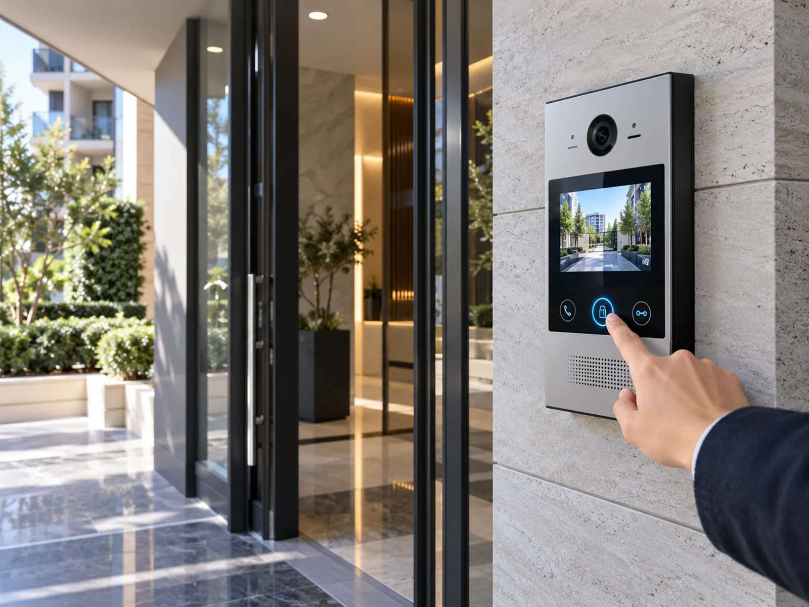 Modern apartman girişinde görüntülü diafon sistemi